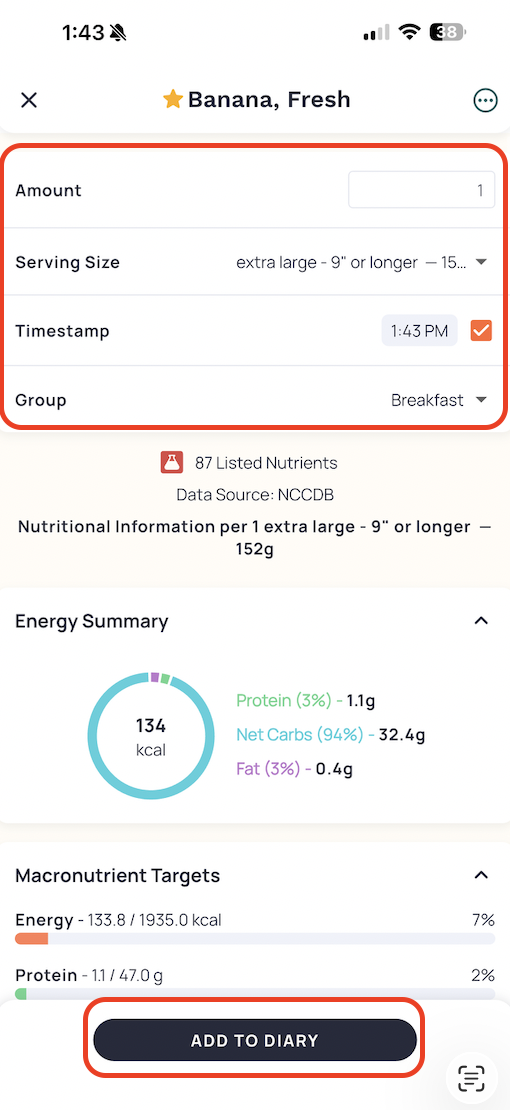 Food serving detail — Help screenshot