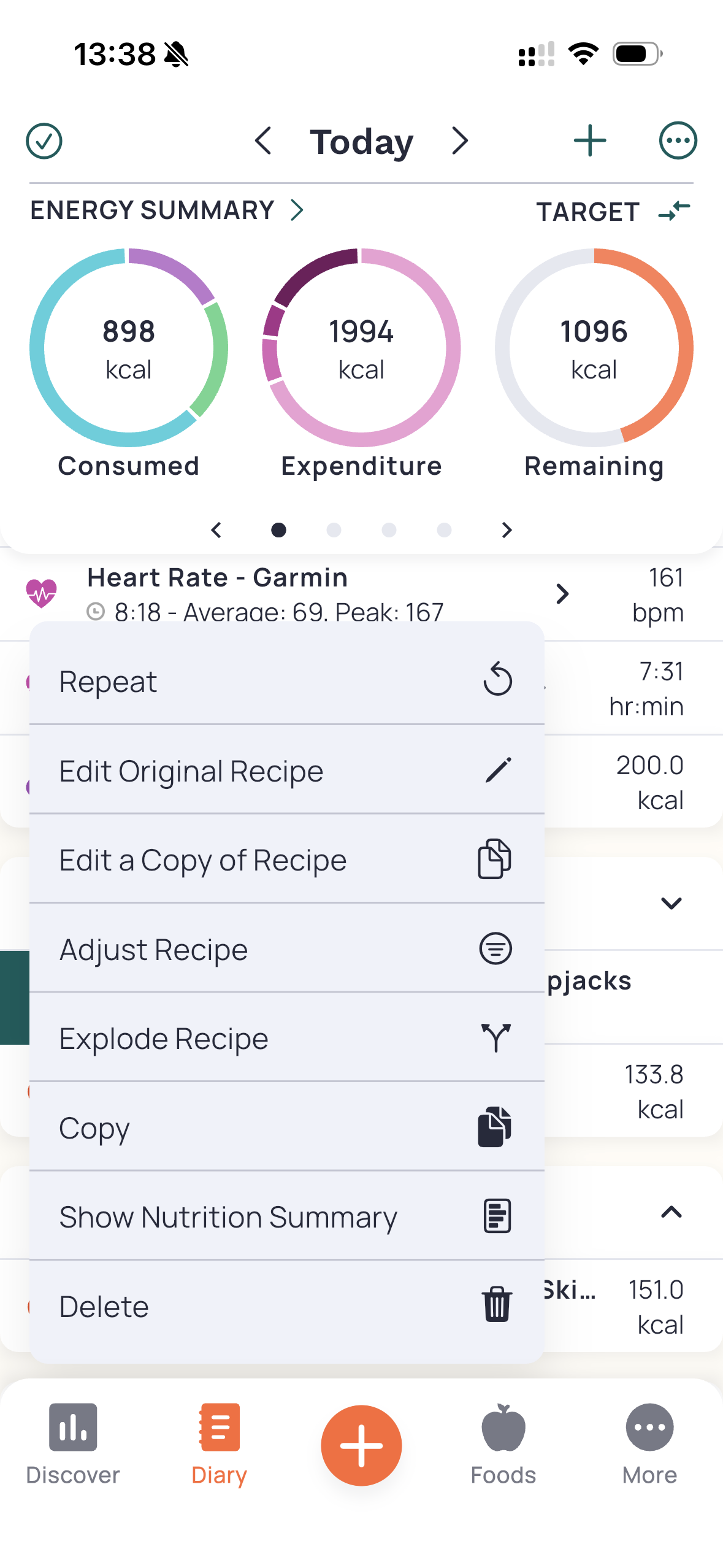 Recipe correction menu in diary — Help screenshot