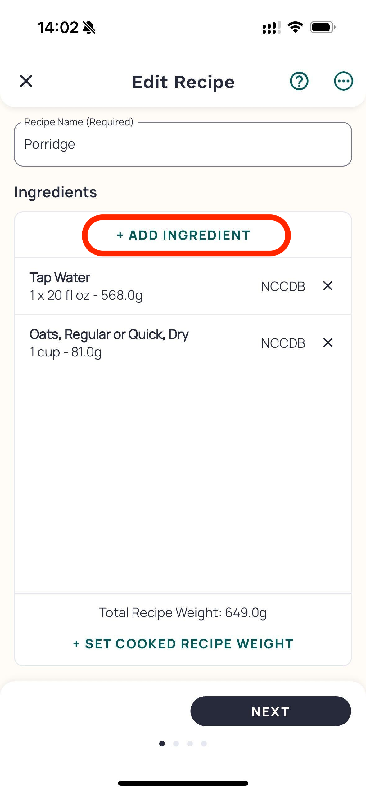 Recipe ingredient editor — Help screenshot