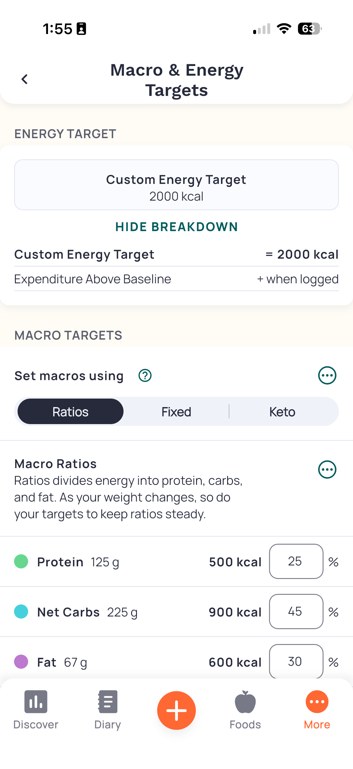 Energy and macro target settings — Help screenshot
